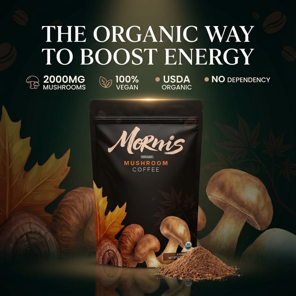 Mornis organic mushroom coffee cup with steaming brew, highlighting natural ingredients and focus-boosting energy benefits.