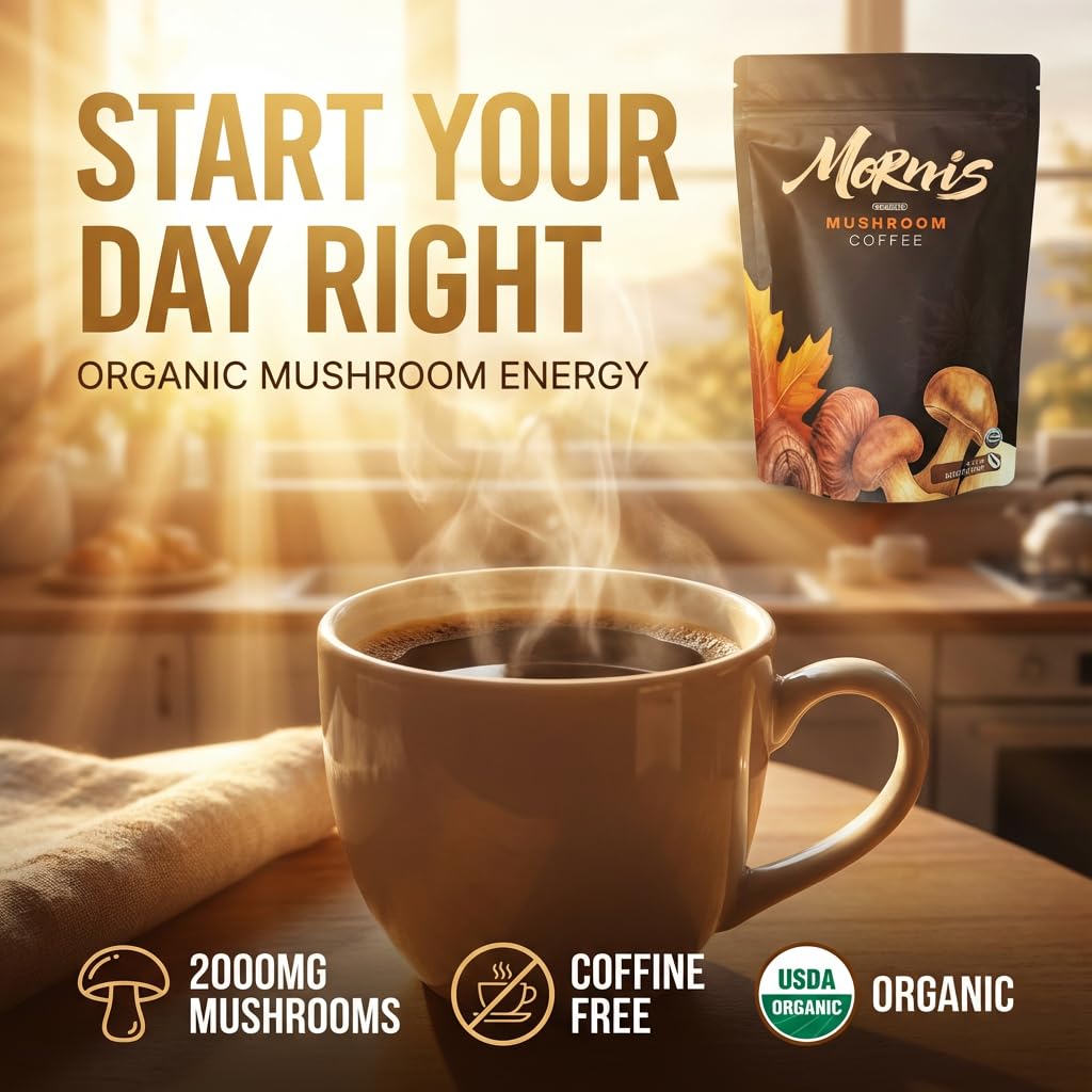 Mornis organic mushroom coffee in a mug, showcasing a warm beverage with a rich, earthy appearance for focus and energy.
