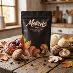 Mornis Mushroom Coffee in a mug, showcasing a steaming cup of organic coffee alternative with mushroom ingredients for focus and energy.