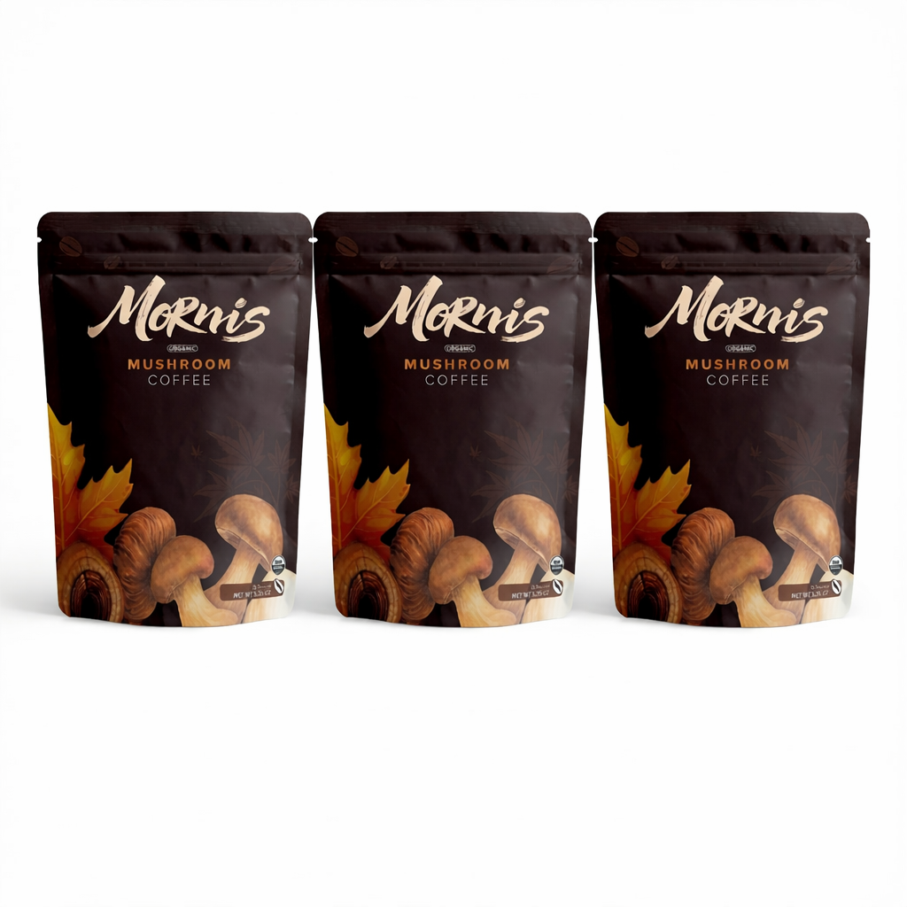 Mornis Mushroom Coffee packages featuring organic coffee alternative with focus and energy-boosting mushrooms on a white background