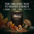 Organic Mushroom Coffee by Mornis featuring a brewed cup with mushrooms and coffee grounds, emphasizing adaptogenic blend for energy and focus.