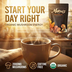 Organic Mushroom Coffee by Mornis featuring a steaming cup of adaptogenic mushroom coffee for energy, focus, and mental clarity.