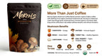 Organic Mushroom Coffee by Mornis showing a steaming cup with a rich, earthy brew and mushroom powder on a rustic wooden table.