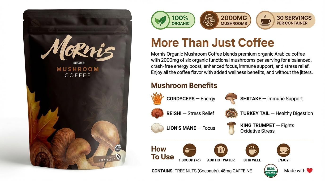 Organic Mushroom Coffee by Mornis showing a steaming cup with a rich, earthy brew and mushroom powder on a rustic wooden table.