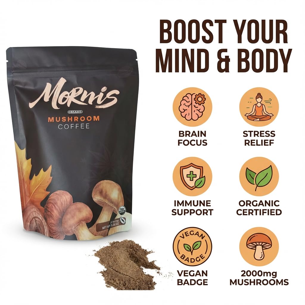 Mornis organic mushroom coffee in a jar, showcasing the adaptogenic coffee blend for energy, focus, and mental clarity.