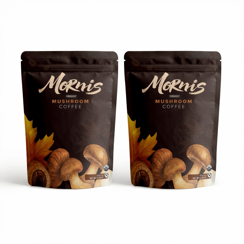 Organic Mornis Mushroom Coffee packets on white background, showcasing the adaptogenic coffee blend for energy and mental clarity.